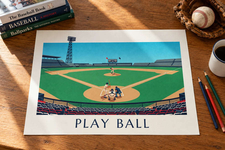 Poster Baseballspiel von der Tribüne aus gesehen an einem Nachmittag: auf einem Tisch abgestellt