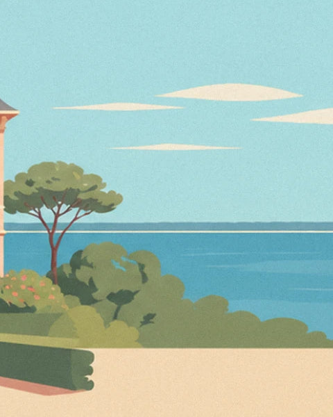 An umbrella pine and flower beds facing the blue bay, beneath a clear sky