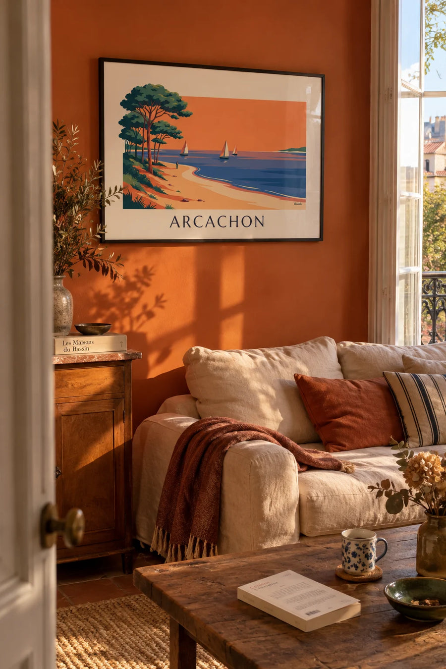 Affiche bassin d'Arcachon au couchant, voiliers et pins : encadrée au mur