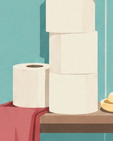 Die Toilettenpapierrollen in einem Regal, neben einem roten Tuch
