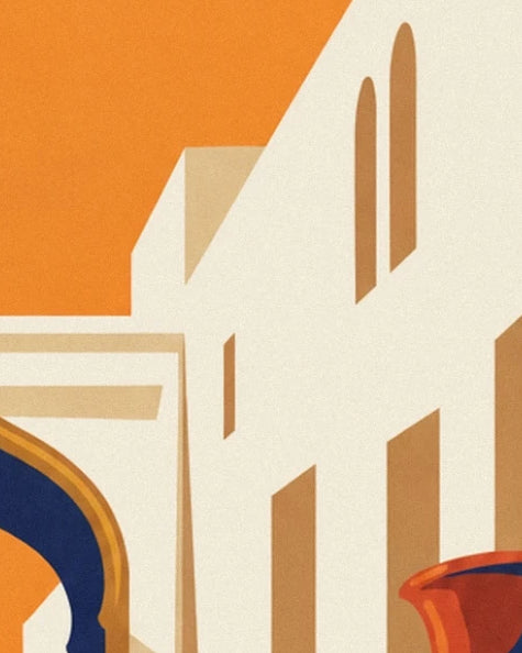 A white façade with narrow windows, a midnight blue arch and a copper pot beneath an orange sky