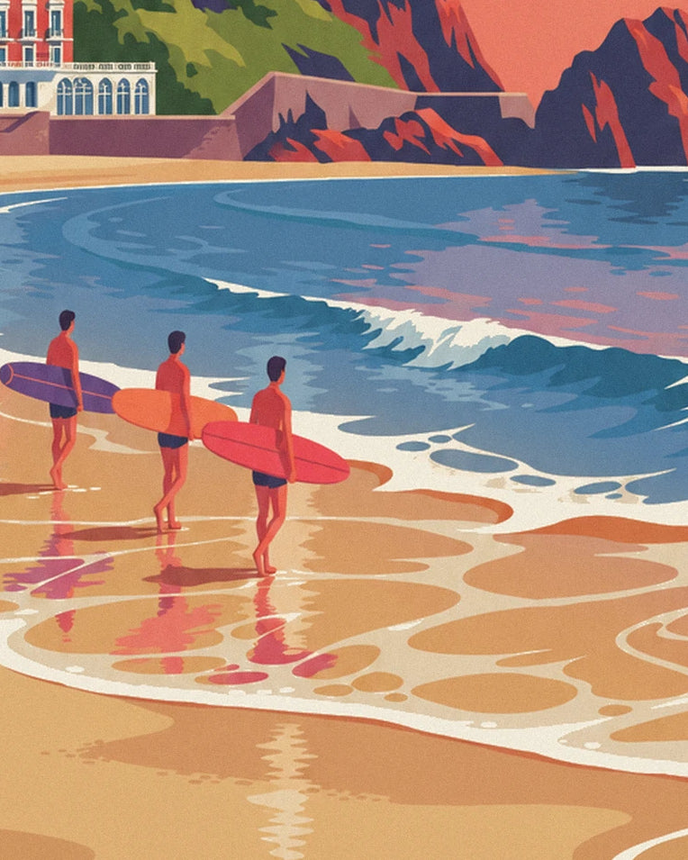 Biarritz surfers and longboards at the Hôtel du Palais poster: close-up detail