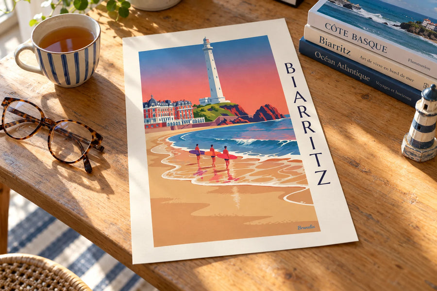 Poster Surfer und Longboards vor dem Hôtel du Palais in Biarritz: auf einem Tisch