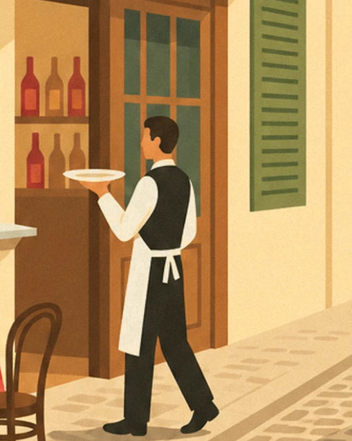 The waiter in a black waistcoat and white apron carrying a plate in front of the counter, on the cobbled pavement