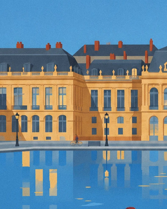 Die goldenen Fassaden von Bordeaux und der kleine Radfahrer am Wasserspiegel