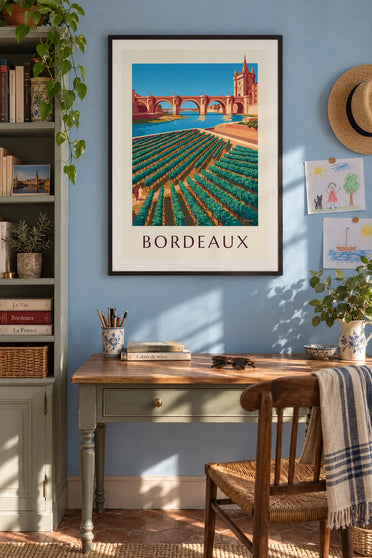 Poster Steinbrücke und Porte Cailhau in Bordeaux, gesehen von den Weinbergen: gerahmt an der Wand
