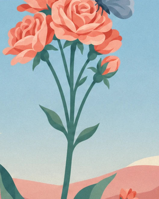 Ein Bund lachsrosa Rosen an grünen Stielen, darüber der blaue Flügel eines Schmetterlings