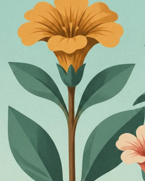 A large yellow-orange flower above slender green leaves