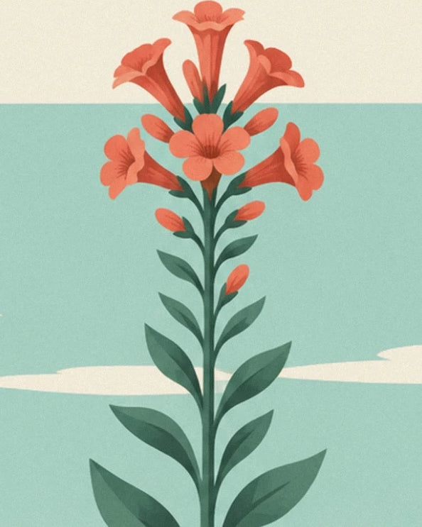 A stem with coral trumpet-shaped flowers and dark green leaves