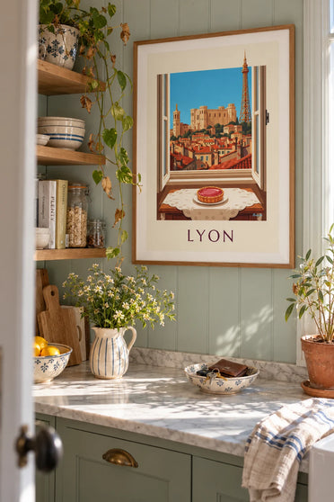 Poster Tarte aux pralines roses am Fenster eines Lyoner Salons: gerahmt an der Wand