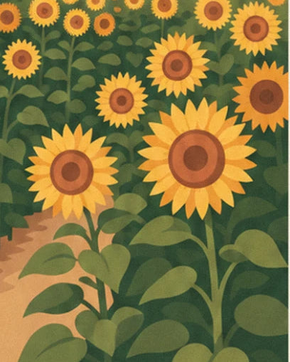 Ein Meer aus Sonnenblumen mit braunen Blütenmitten, aus nächster Nähe entlang des ockerfarbenen Wegs betrachtet