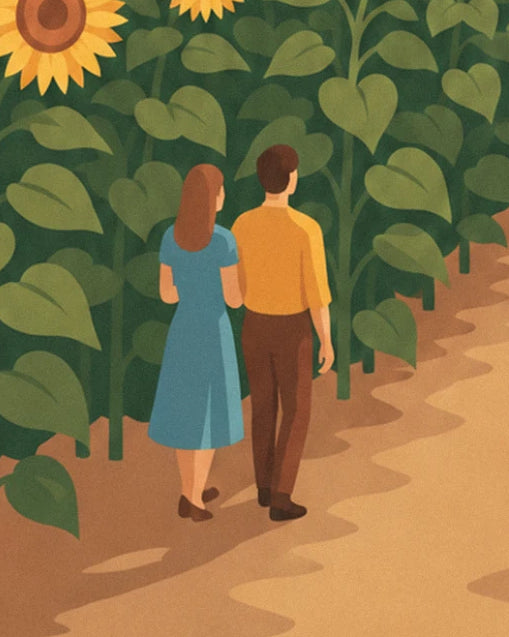 Das Paar von hinten gesehen, im blauen Kleid und gelben Pullover, auf dem Feldweg zwischen den Sonnenblumen