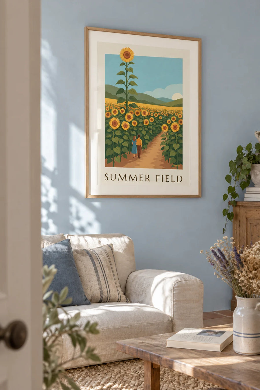 Poster Sonnenblumenfeld in der Sommersonne: gerahmt an der Wand