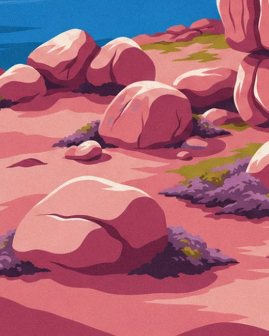 Large pink granite boulders on the moor, with clumps of purple heather and moss