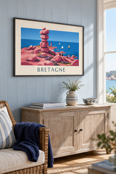 Poster of the pink granite coast, lighthouse and sailboats in Brittany: framed on the wall