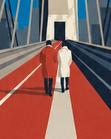 Die beiden Fußgänger in roten und weißen Mänteln auf dem roten Gehweg der Brooklyn Bridge