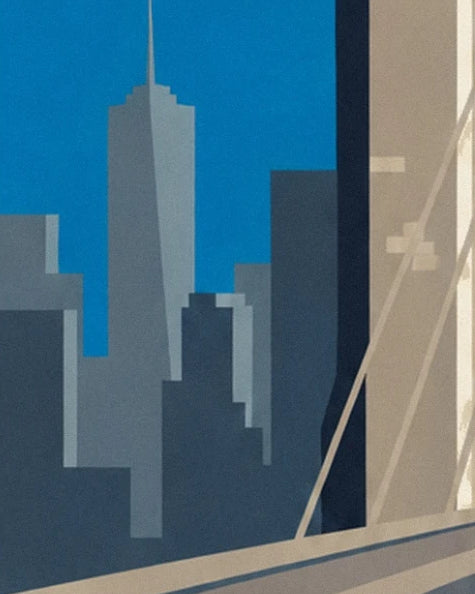 Die grauen Umrisse der Wolkenkratzer zwischen Mauerwerk und Kabeln der Brooklyn Bridge