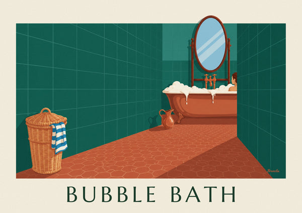Green bathroom copper bathtub and wicker basket poster