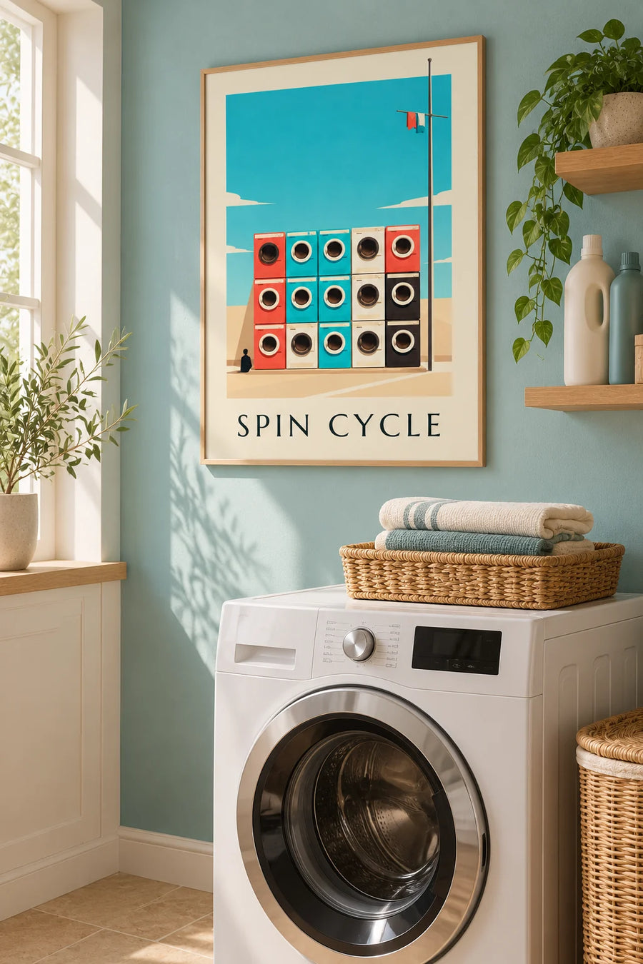 Poster mit Raster aus 9 bunten Waschmaschinen: gerahmt an der Wand