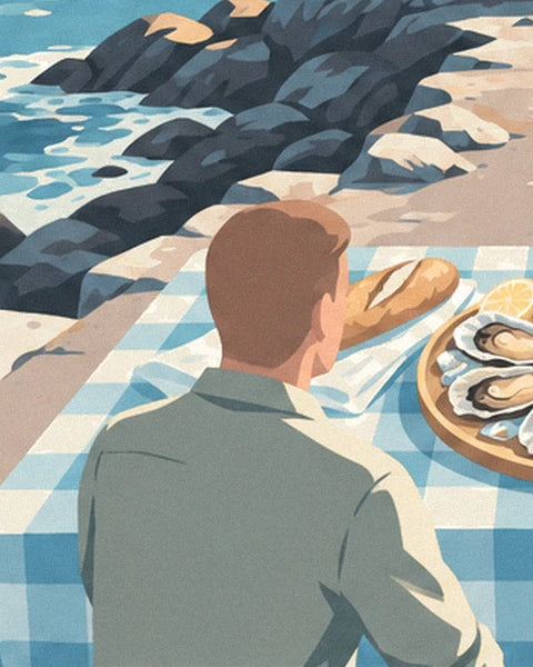 A man in a green shirt seen from behind, facing a blue checked tablecloth, a baguette and oysters with lemon