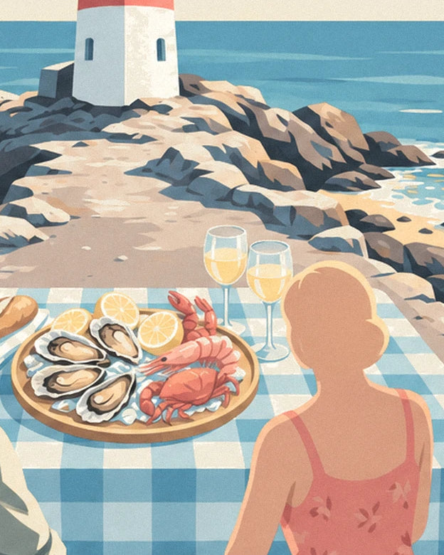 A platter of 4 oysters, prawns and crab, with 2 glasses of white wine and a woman seen from behind