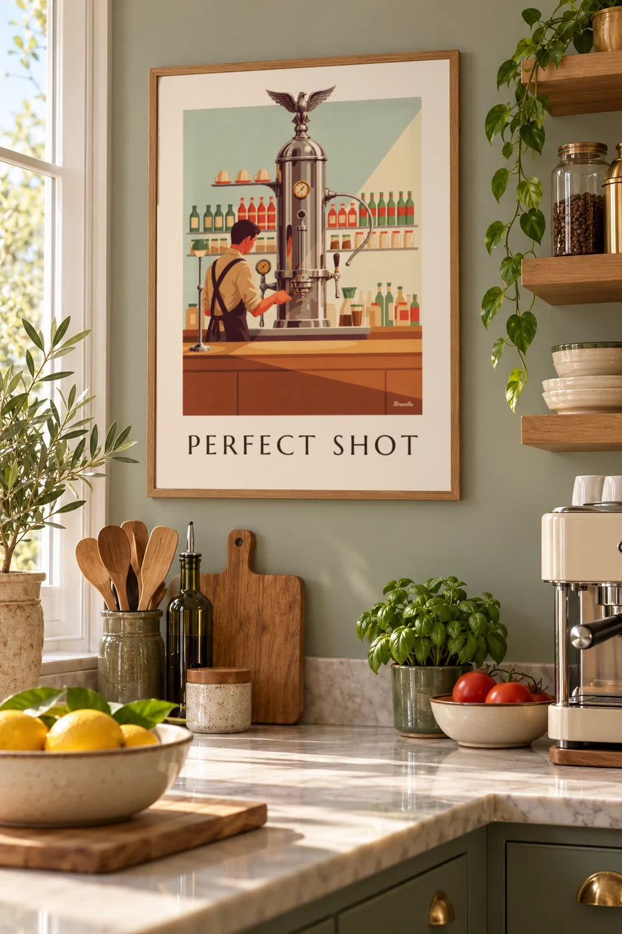 Poster Espressomaschine mit Hebel auf einer italienischen Theke: gerahmt an der Wand