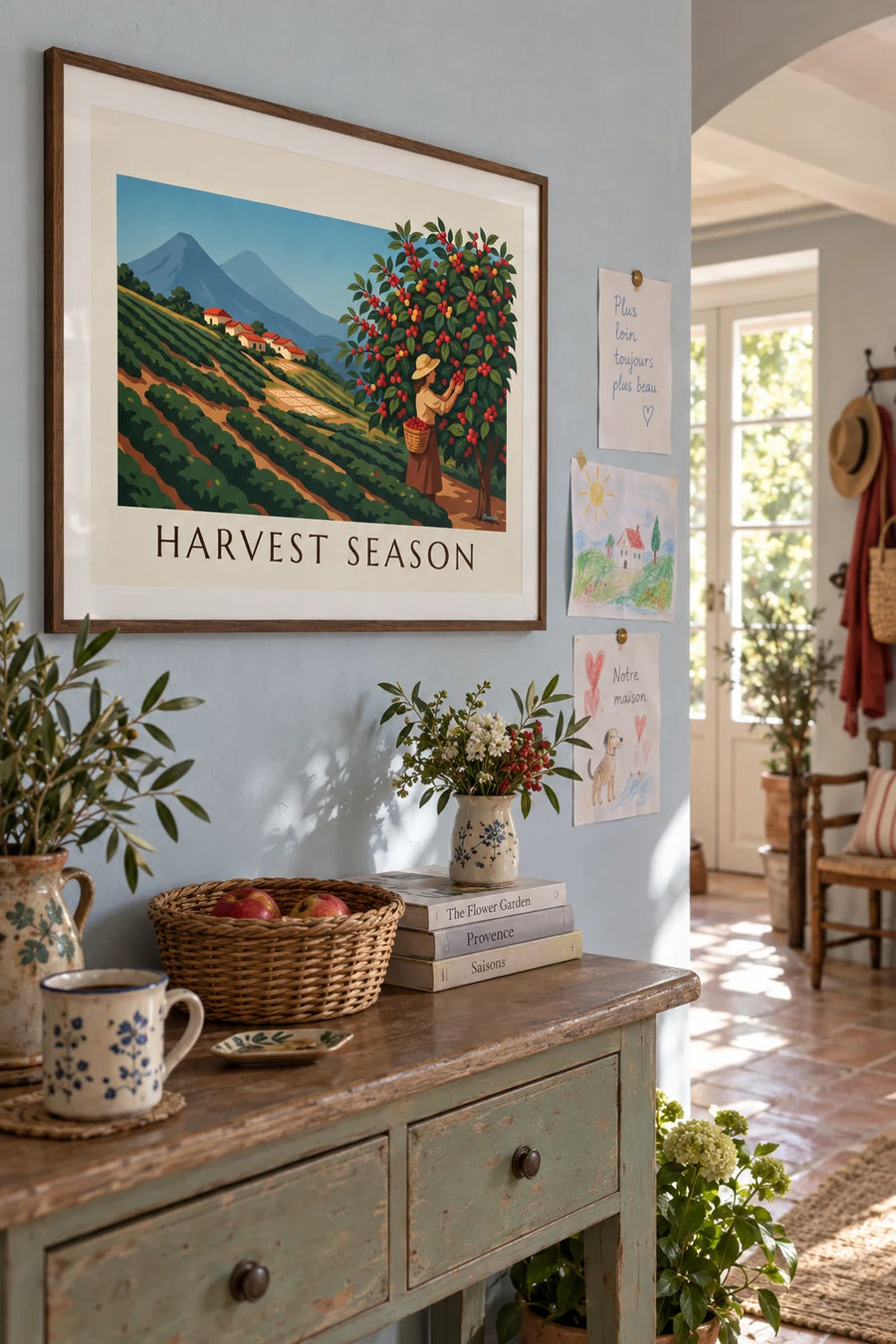 Poster of coffee cherry picking on a plantation: framed on a wall