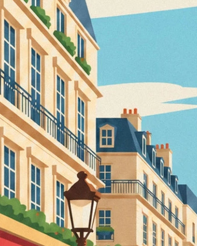 The brown street lamp in front of cream façades and blue rooftops with chimneys