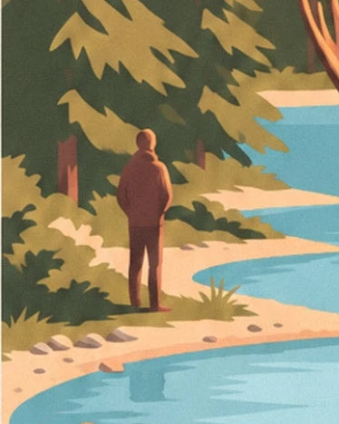 Un personnage de dos au bord du lac turquoise, entre sapins et rive sablonneuse