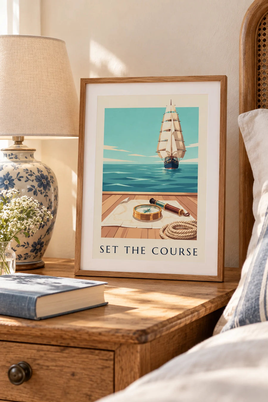 Poster nautischer Kompass aus Messing auf einer Seekarte: kleines A4-Format im Rahmen