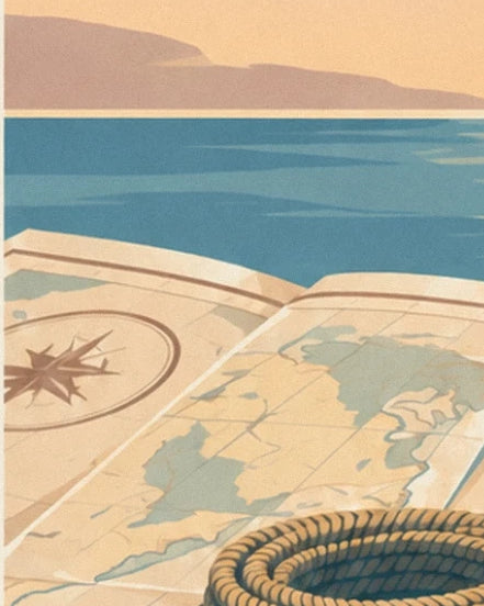 The compass rose on the unfolded nautical chart, facing the sea and a coil of rope