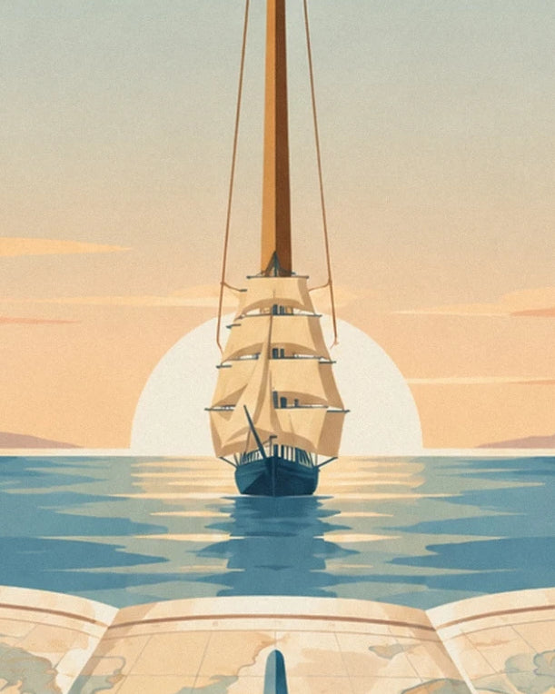 A large 3-masted sailing ship heading towards the setting sun on a calm blue sea