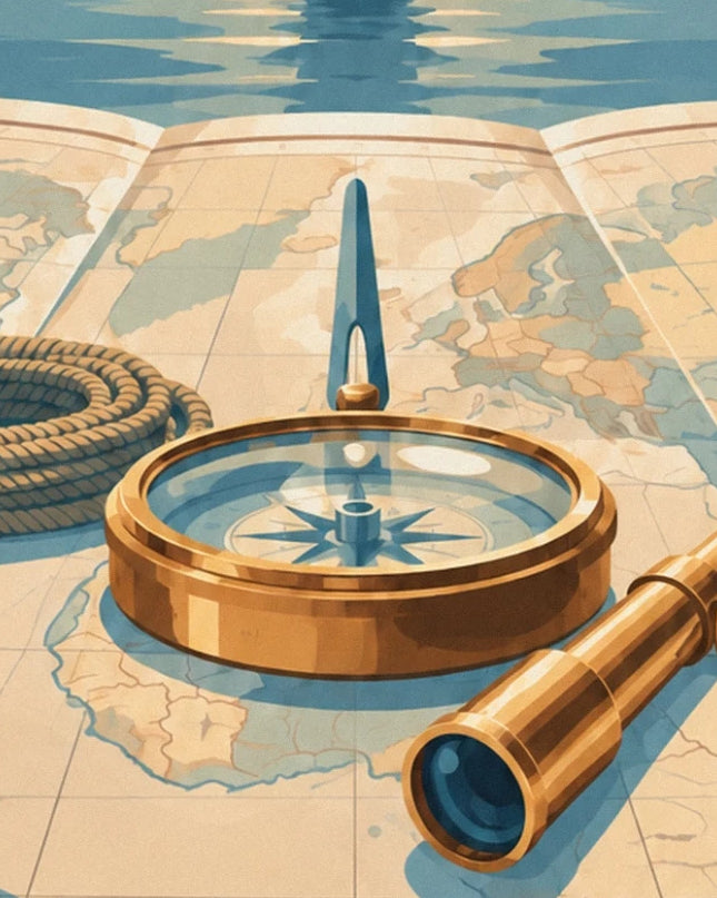 The brass compass on the nautical chart, with its coiled rope and telescope
