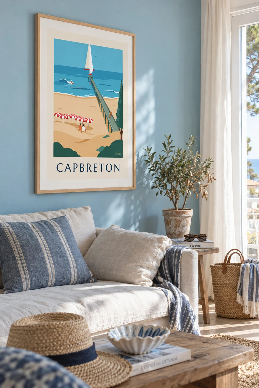 Poster of striped parasols, jetty and sailboats in Capbreton: framed on the wall