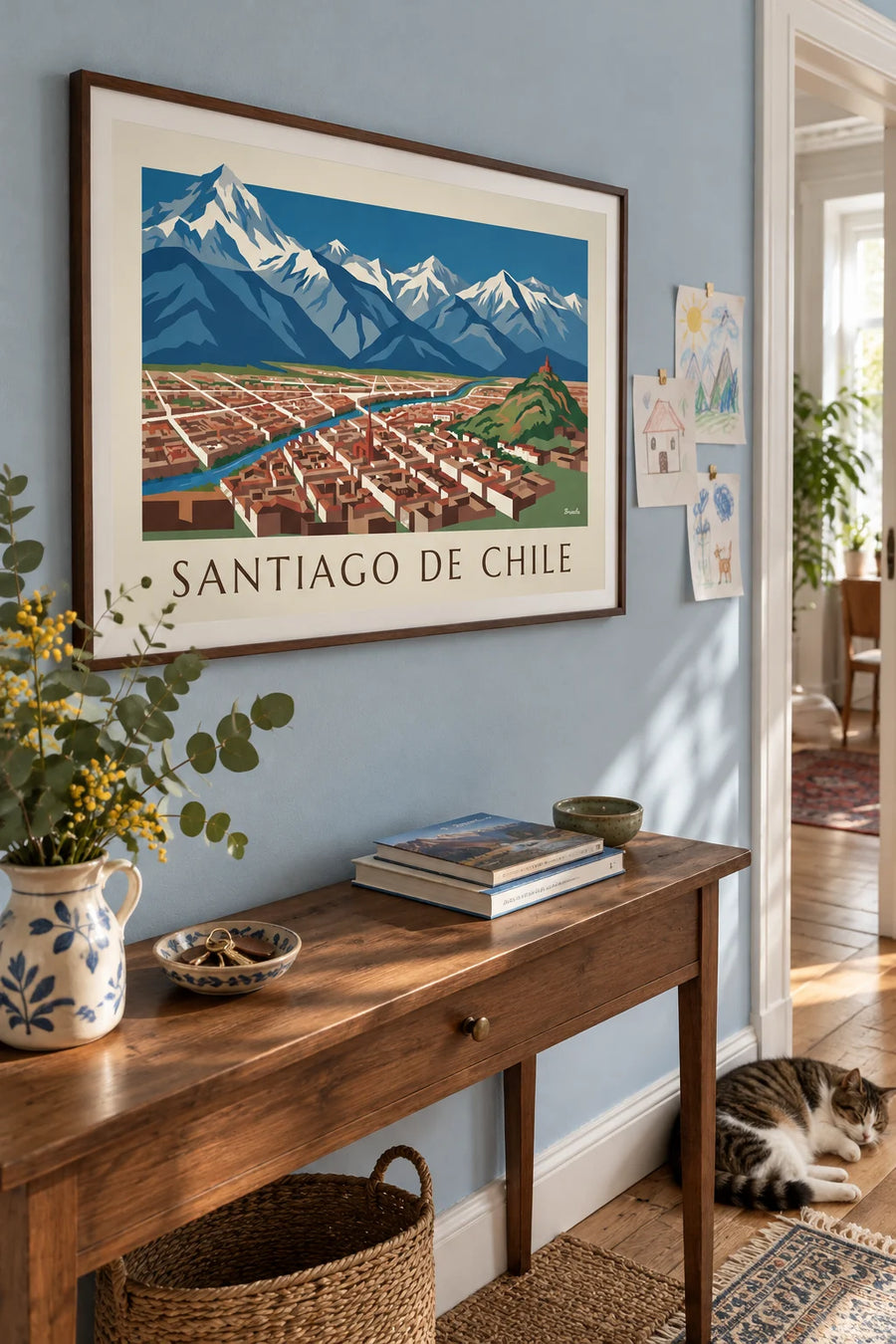 Poster illustrierte Karte von Santiago de Chile und den Anden: gerahmt an der Wand
