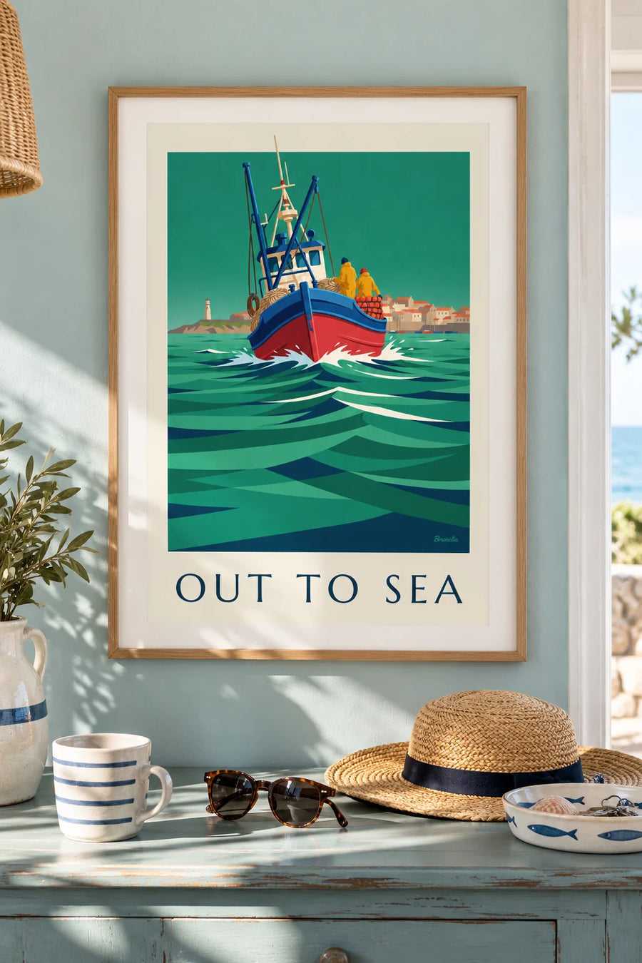 Poster of a blue and red trawler heading out to sea in the swell: framed on the wall