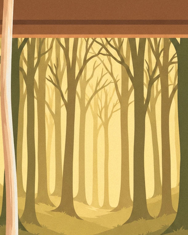 Ein Wald aus kahlen Bäumen im goldenen Licht, gesehen durch das Atelierfenster