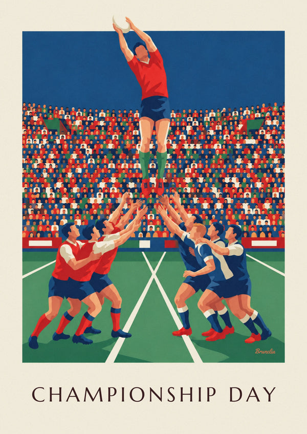 Rugby player jumping in a lineout in a stadium poster