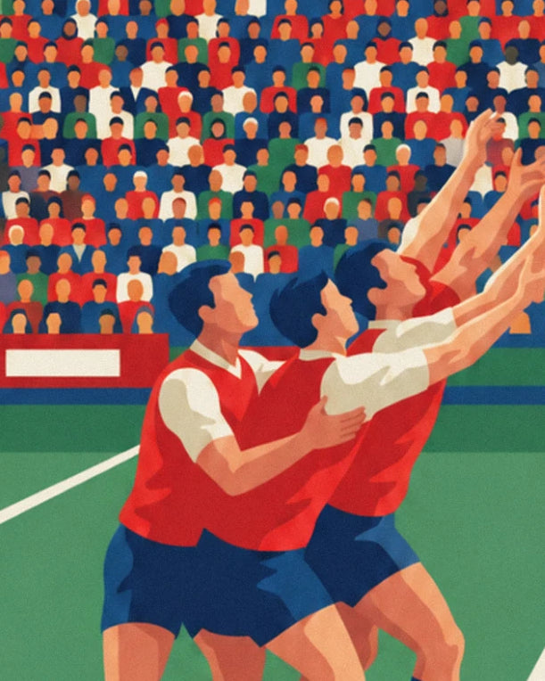 The 3 players in red shirts rising with arms raised to catch the ball, with green grass behind