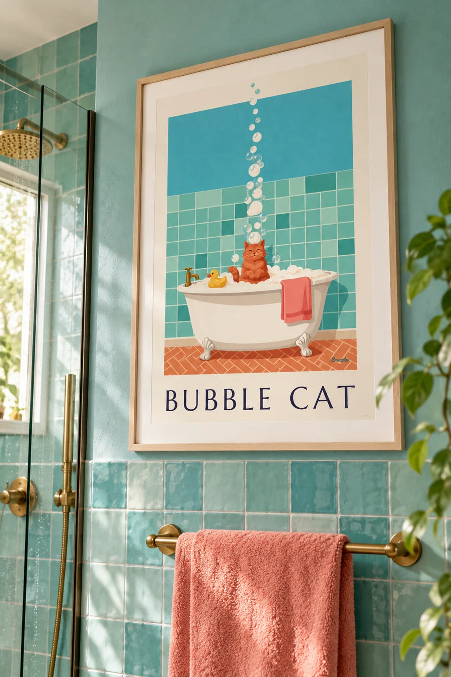 Poster Katze in einer Badewanne voller Schaum: gerahmt an der Wand
