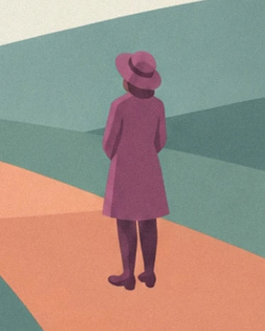 A figure seen from behind in a mauve coat and hat on an orange path