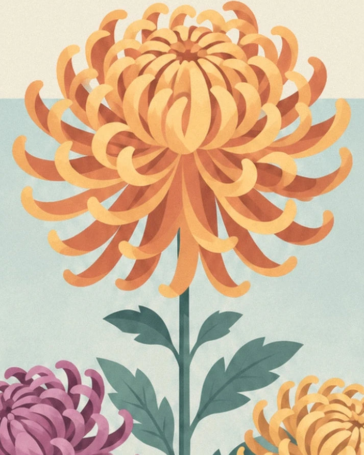 A yellow-orange chrysanthemum with curled petals and green leaves