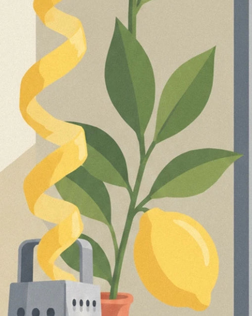 The long spiral of zest, the branch of green leaves and a lemon