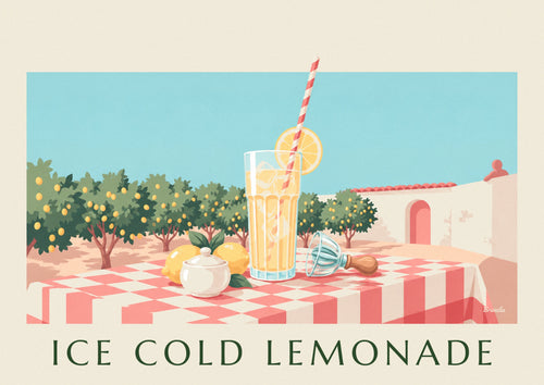 Poster Glas eisgekühlte Zitronenlimonade auf einer Dorfterrasse: das ganze Poster