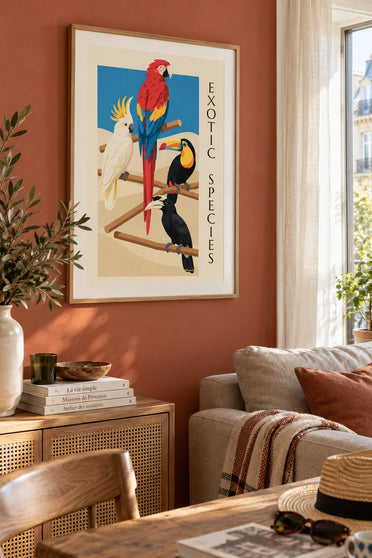 Poster ornithologische Klassifikation exotischer Vögel: gerahmt an der Wand