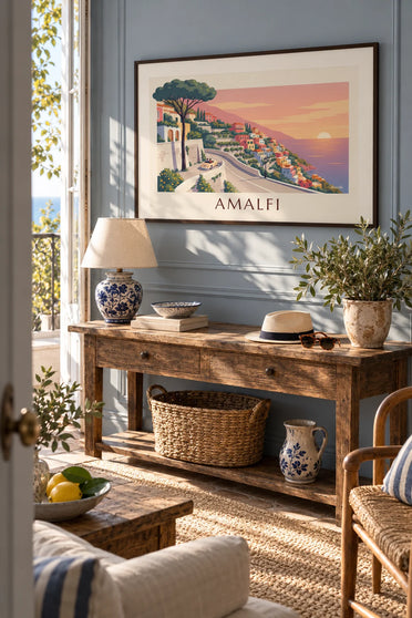 Affiche route côtière d'Amalfi au coucher du soleil : encadrée au mur