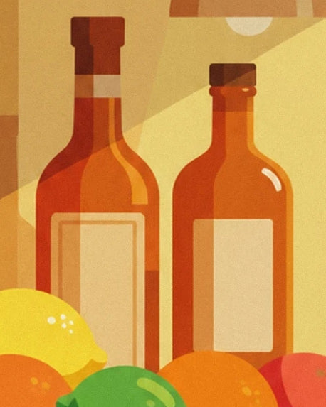 The two amber bottles with cream labels behind the colourful citrus fruit