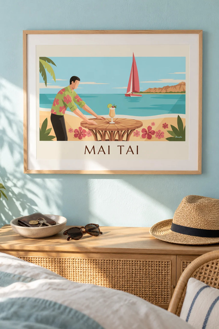 Affiche cocktail Mai Tai servi sur une plage face à Diamond Head : encadrée au mur