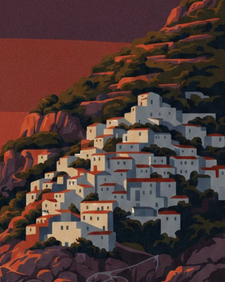 The white houses with red roofs on the rocky, tree-covered coastal slope
