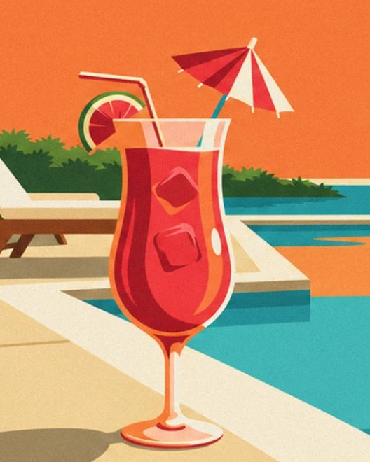 Un cocktail rouge avec glaçons, paille et parasol au bord de la piscine